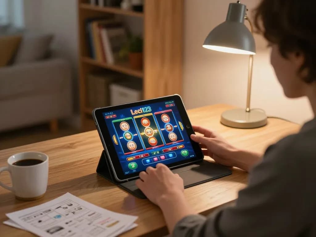 Leci123 user engaged in online gambling with tablet showcasing exciting slot game interface.