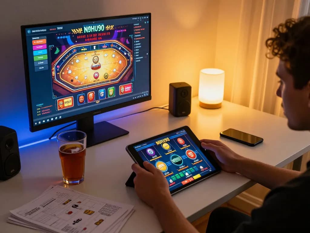 Engaging in NOHU90 online casino gameplay with tablet at cozy home setup