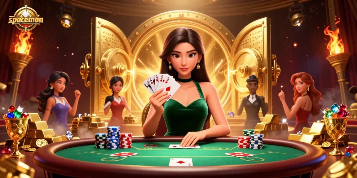 Experience thrilling gameplay as Spaceman navigates a dynamic poker scene filled with gold and treasure.