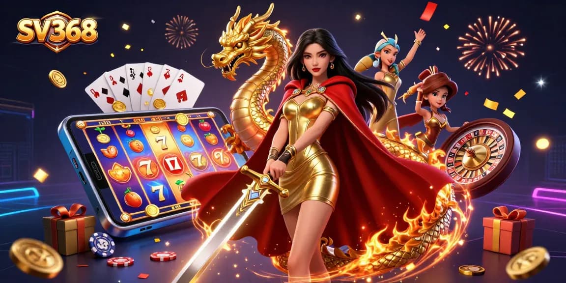 SV368 queen holds a golden sword amidst jackpots, colors, and excitement in a vibrant casino setting.