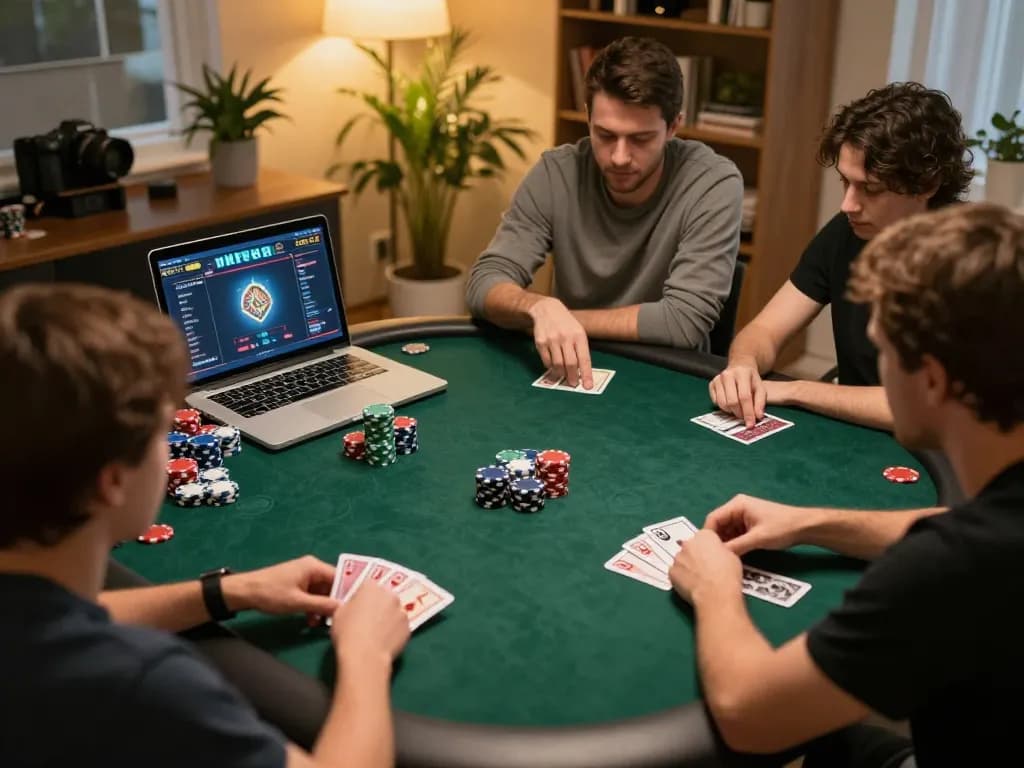 Situs Judi Online yang menampilkan pemain yang terlibat dalam sesi permainan poker yang mendebarkan, menangkap momen strategis di suasana rumah yang nyaman.