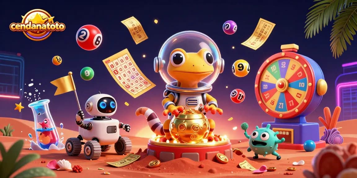 cendanatoto showcases a lively Martian scene with a gecko discovering a golden casino amidst vibrant lottery elements.