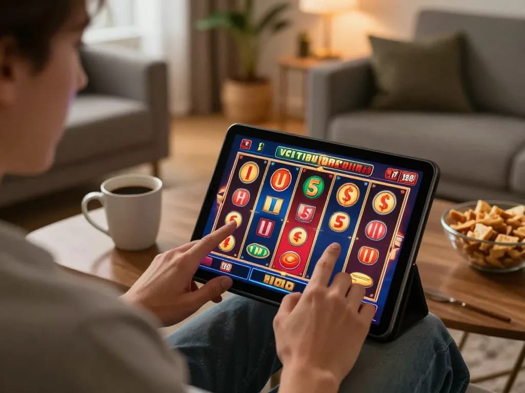 Sesi permainan online yang menggembirakan di rumah menampilkan antarmuka permainan slot tokyo88 di tablet.
