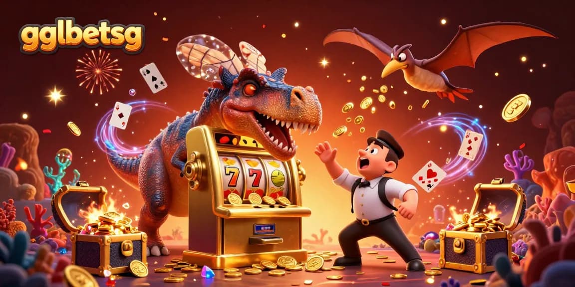 gglbetsg showcases a thrilling scene of dinosaurs enjoying jackpot wins at a casino with vibrant gaming elements.