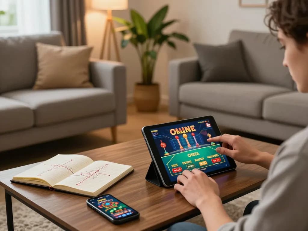 sunwin online gaming session in a cozy home setup with tablet and strategy notebook