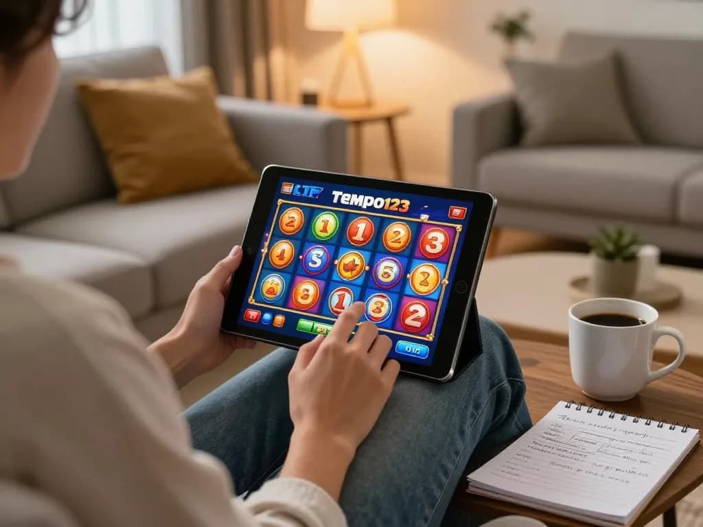 Engaging with Tempo123 Slot on a tablet in a cozy home setting, showcasing responsible online gaming.
