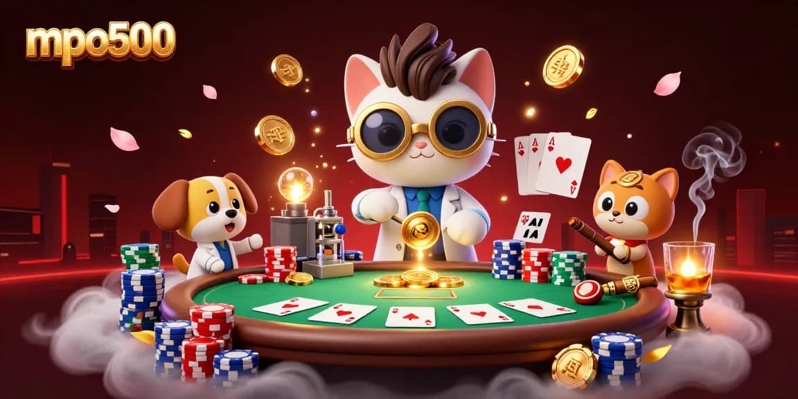 Poker excitement with mpo500 as a cat scientist creates gold coins amidst colorful chips and cards.
