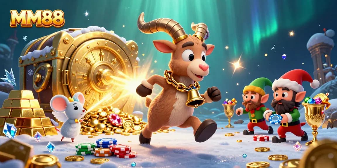 Experience thrilling wins at MM88 with a festive casino scene featuring Krampus and mischievous elves.