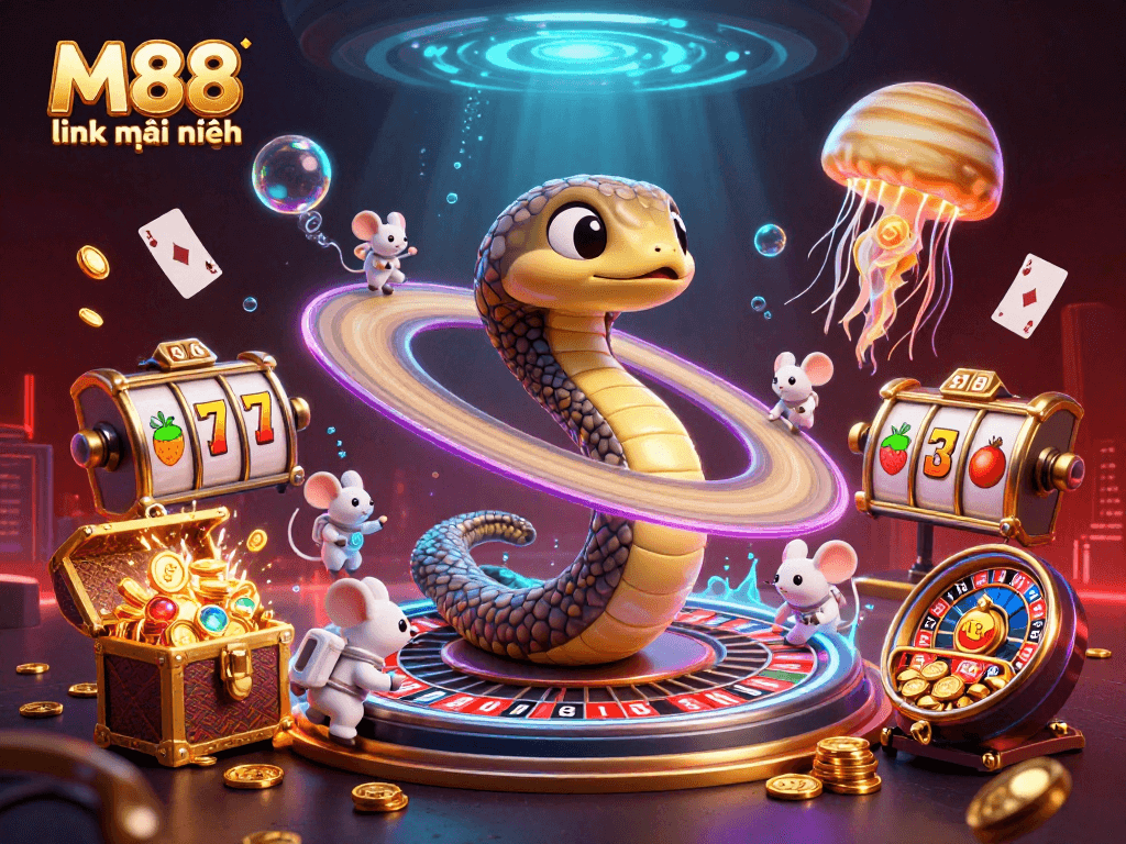 Các astronaut đang cá cược trên M88 link mới nhất với không gian đầy slot reels và kho báu.
