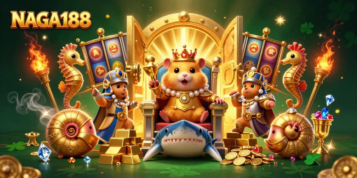 NAGA188 menawarkan suasana bermain slot yang menggairahkan dengan mahkota raja hamster emas di tahta gigi hiu megalodon.