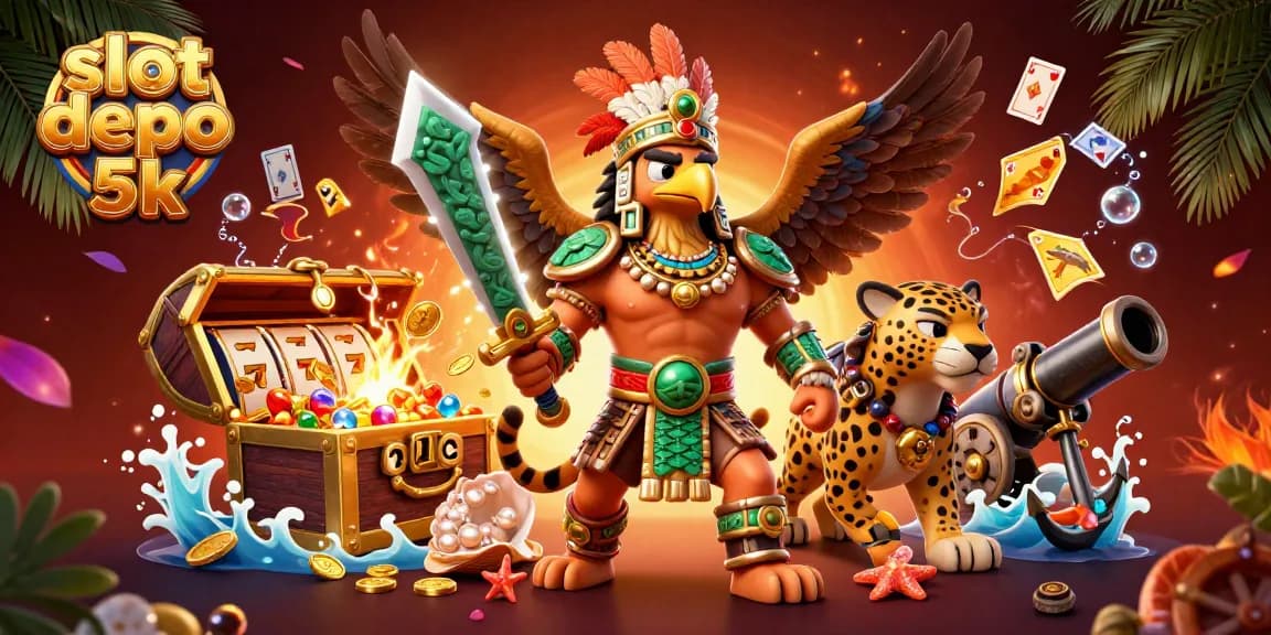 Engage with slot depo 5k in this vibrant scene filled with Aztec warriors and jackpot thrills.