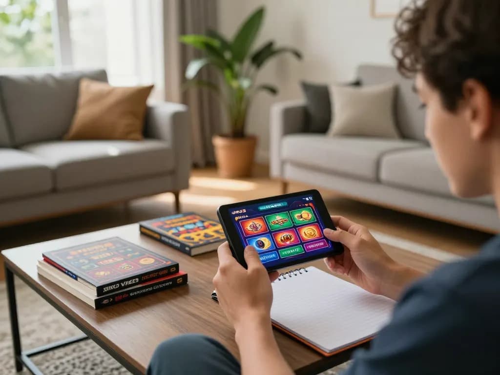 Player engaging in strategic gaming on VN23 app in cozy home setup with betting notes visible.