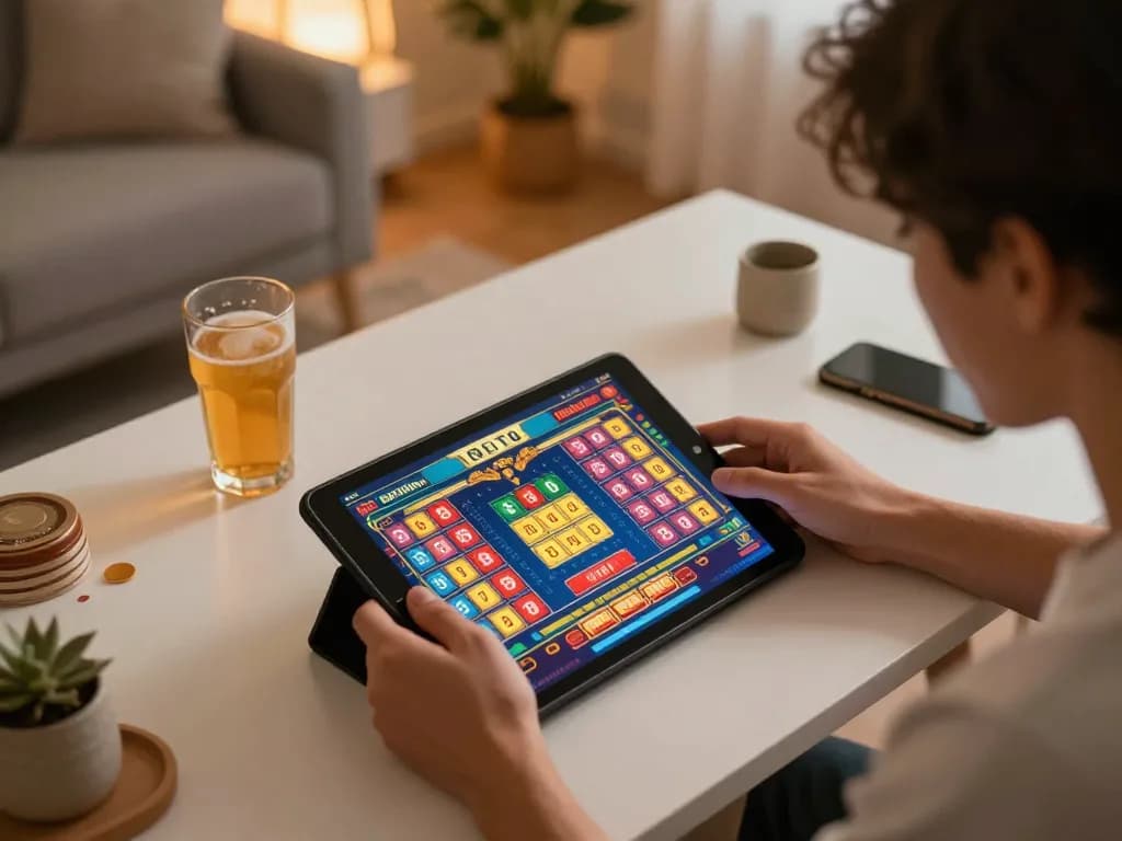 Engaged player enjoying gtatogel gaming on tablet at home with colorful winning numbers.
