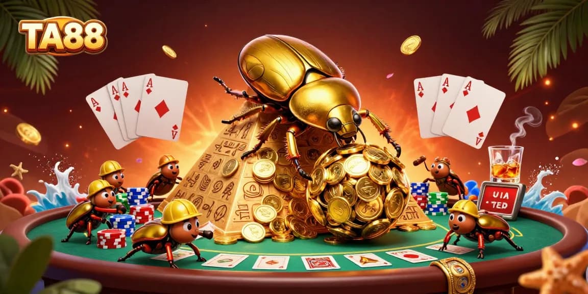 Unleash the thrill of TA88 with golden beetles rolling coins in this dynamic casino scene.