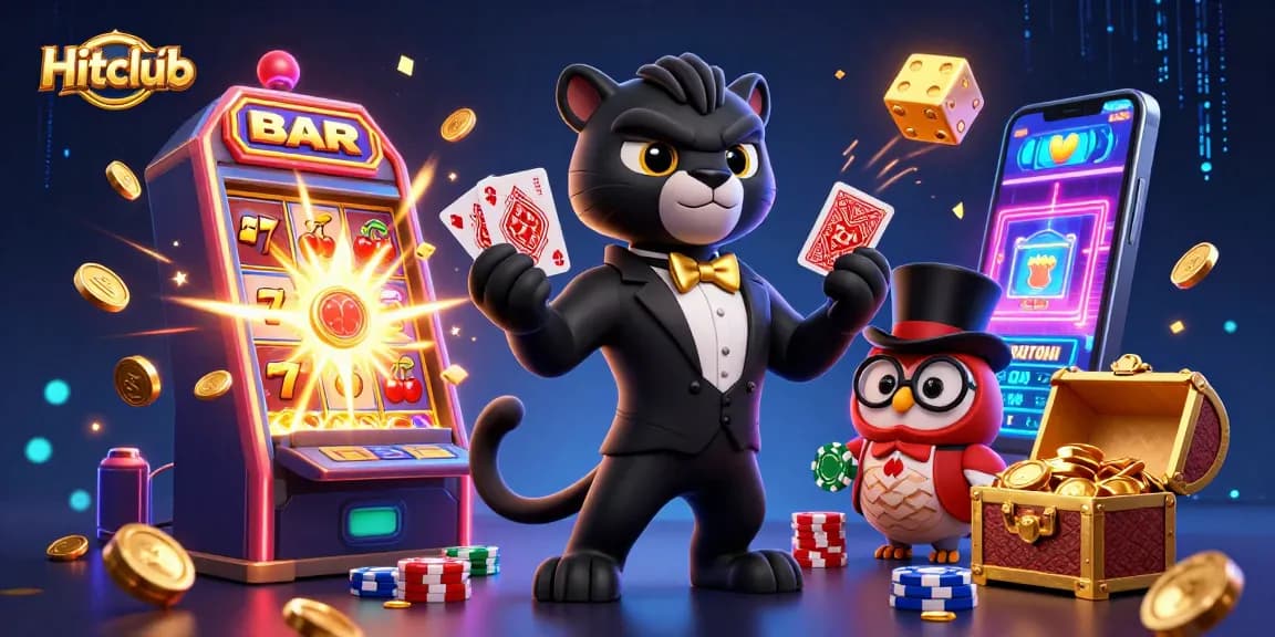 Hitclub showcases a stylish panther dealer with a jackpot machine amidst colorful casino elements.