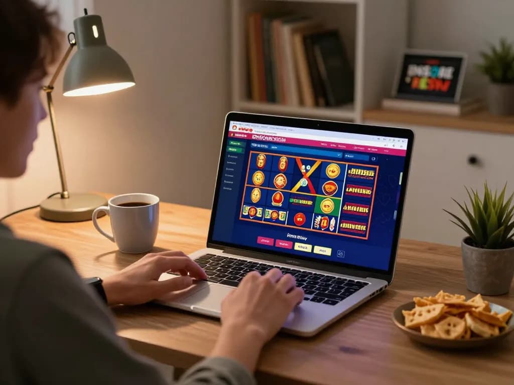 IDNSCORE RESMI gaming setup showcasing a player engaging with casino games on a laptop at home.