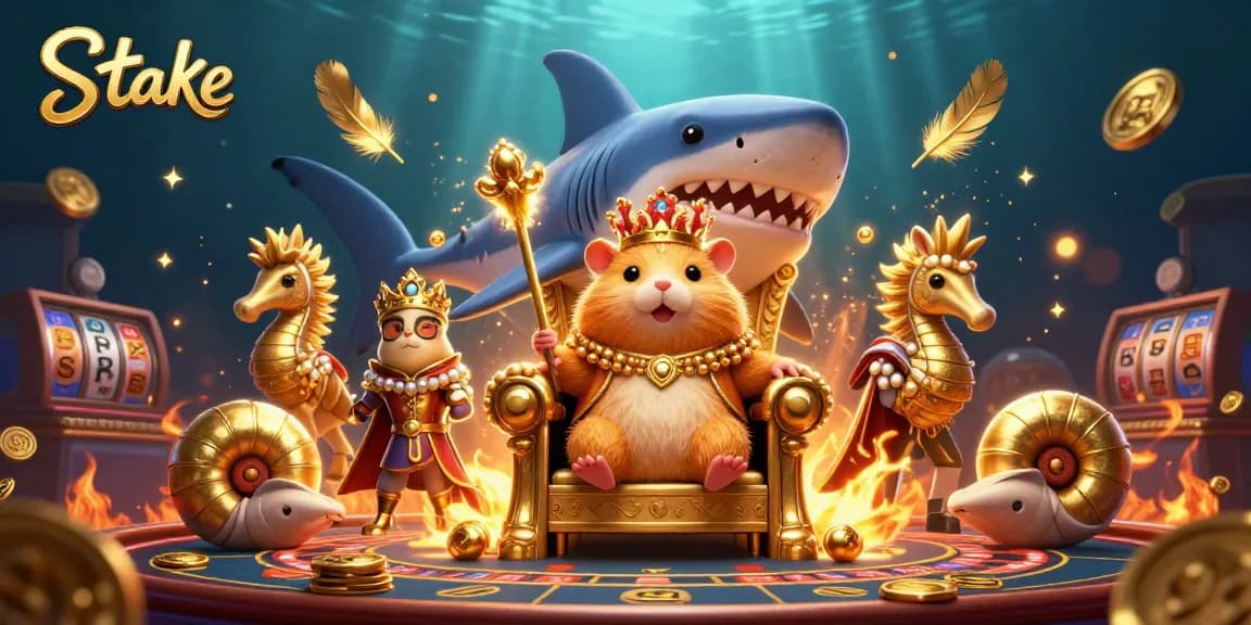 Stake features a vibrant casino scene with a golden hamster king, seahorse guards, and fantastic gaming elements.