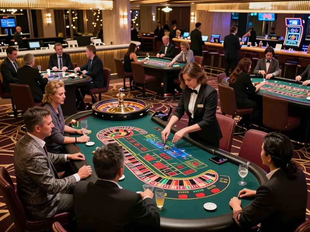 IDCASH88 players enjoying the thrill of roulette at a vibrant casino floor, highlighting engaging gameplay.