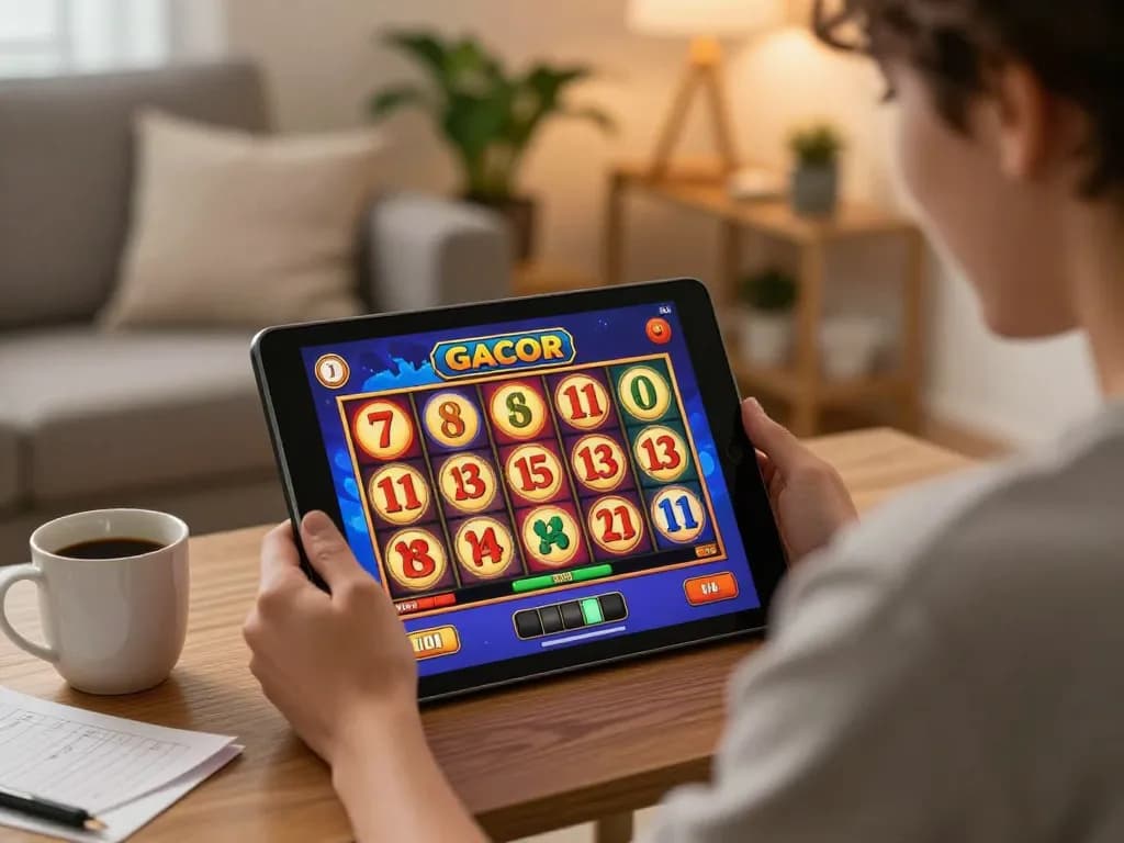 Player menikmati pengalaman slot gacor hari ini di tablet dalam suasana ruang tamu yang nyaman, dikelilingi catatan strategis.