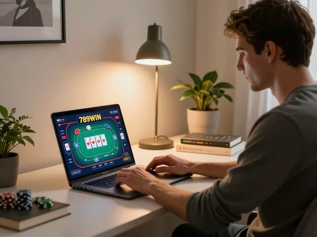Engaging in online poker on 789WIN with a modern home office setup highlighting strategic gameplay.