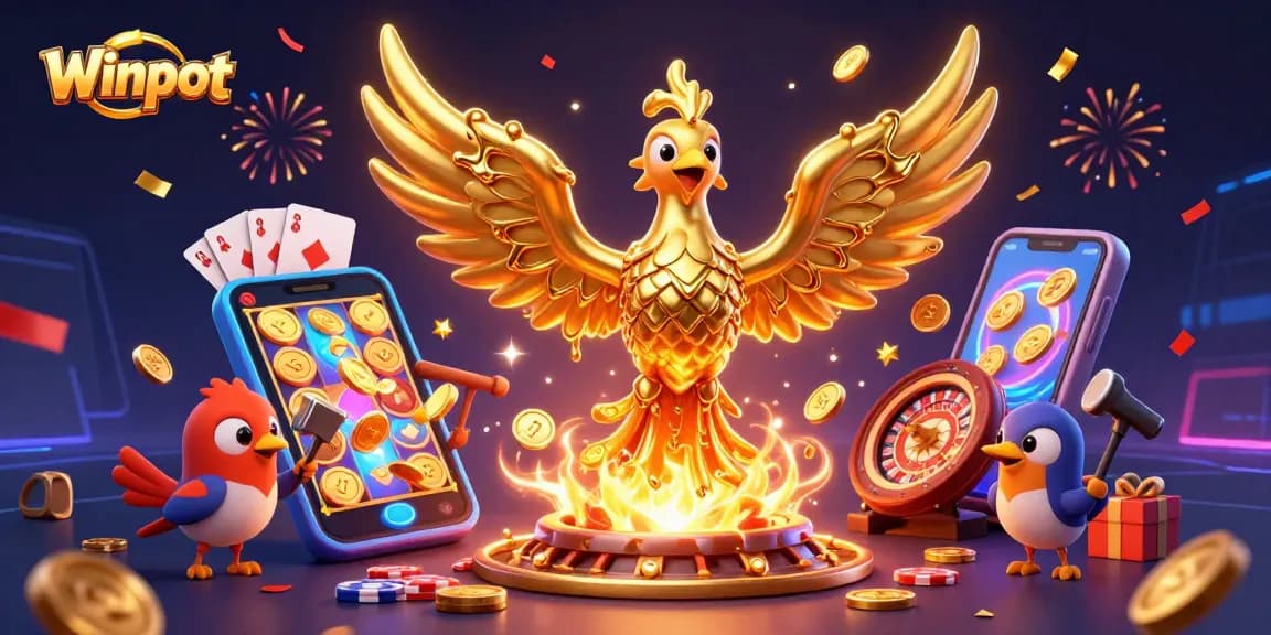 Winpot celebrates with a golden phoenix and vibrant casino elements, showcasing dynamic gaming excitement.