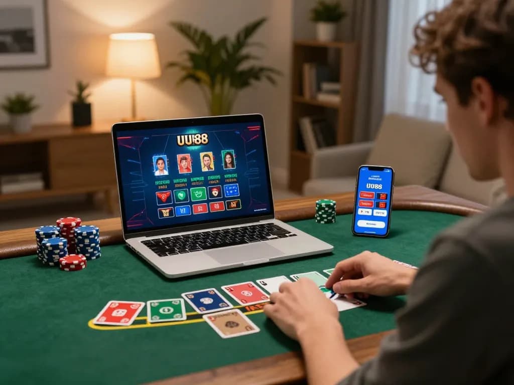 Player enjoying an intense UU88 blackjack game on a laptop in a cozy home setting, showcasing engaging gameplay.