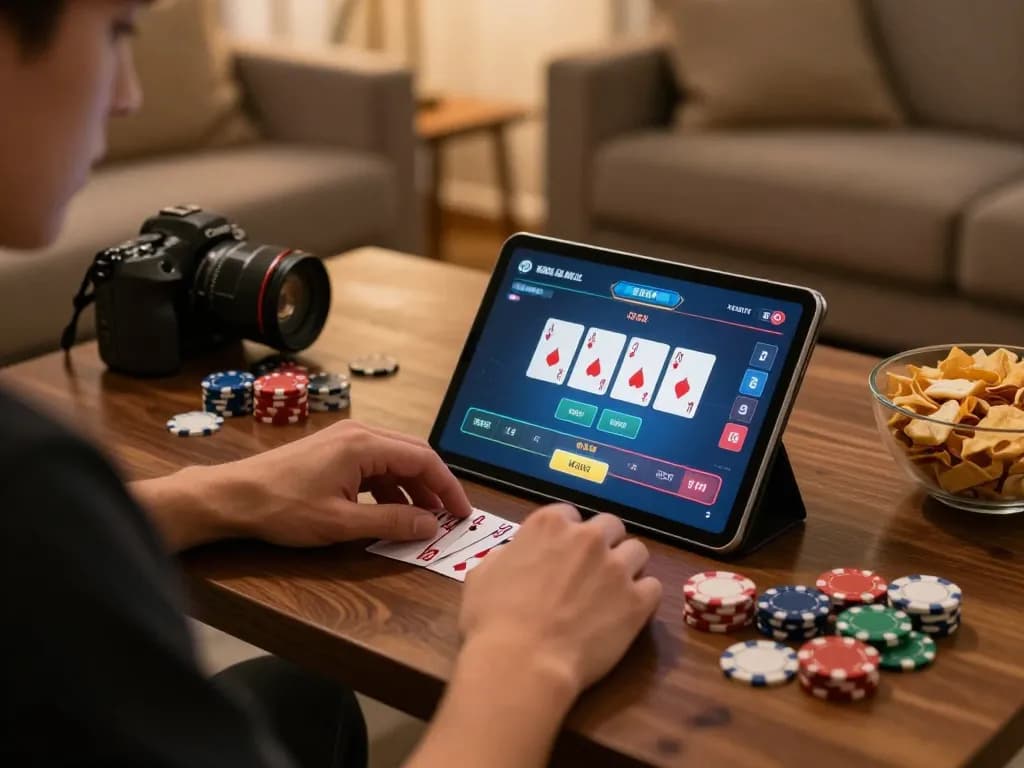 Engaged player at home tablet gaming depicting Giấy phép hoạt động for online gambling.