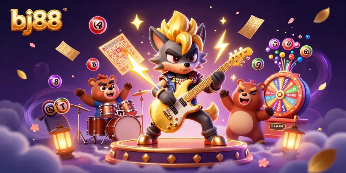 Engage in fun at bj88 with vibrant lottery balls and rocking casino characters.