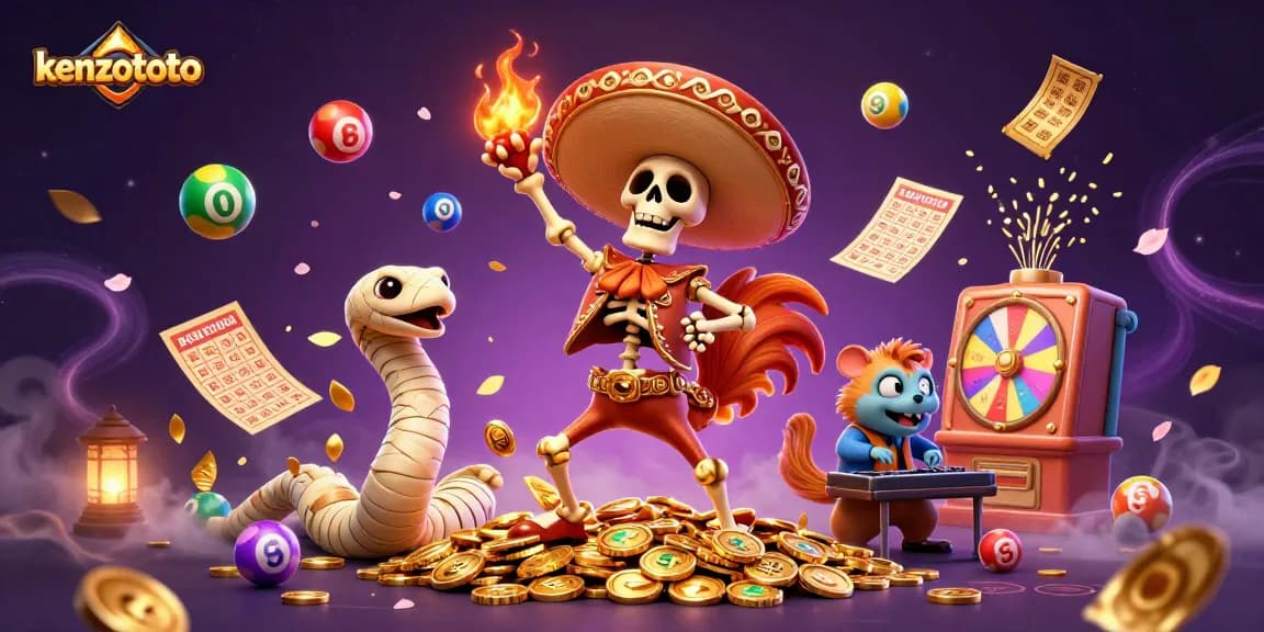 kenzototo showcases vibrant lottery excitement with dancing characters and golden coins.