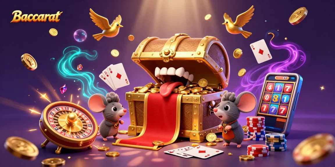 Baccarat game scene with treasures, golden coins, roulette wheel, and vibrant casino elements.