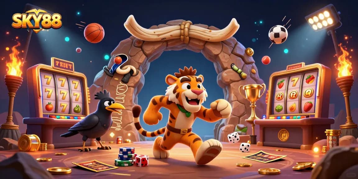 Bet on exciting slots at SKY88, a dynamic prehistoric casino scene featuring action-packed game elements.