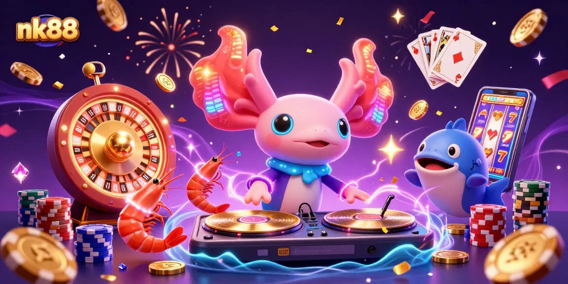 Experience exciting games at nk88 with vibrant scenes of online casino fun and colorful characters.