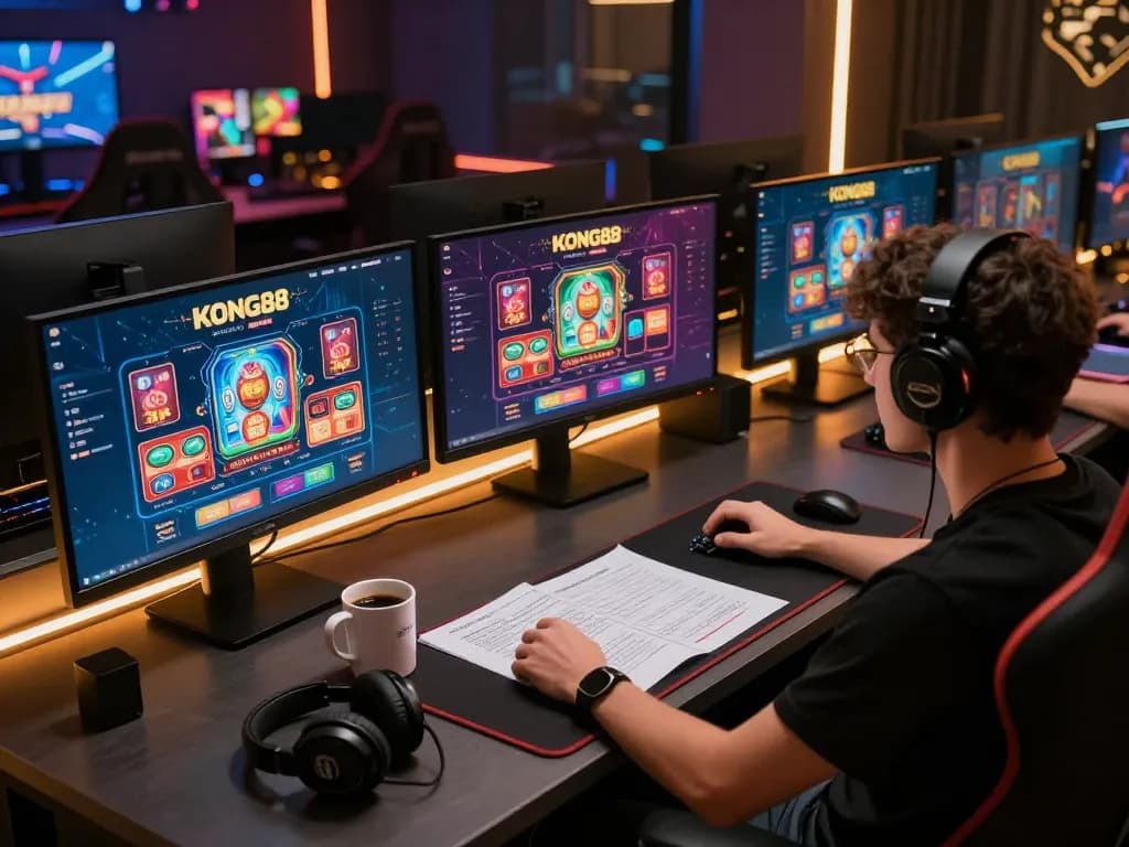 KONG88's online gaming interface displayed on multiple monitors during a strategic poker session.