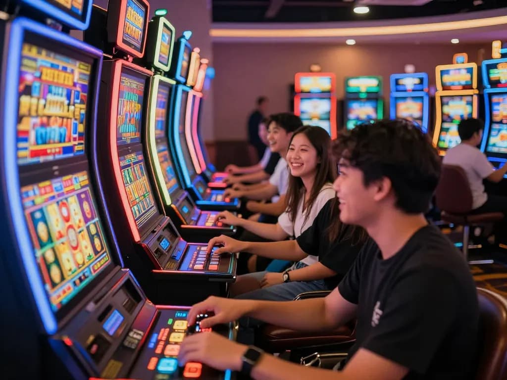 Excited players engaging with vibrant situs slot machines in a colorful casino atmosphere.