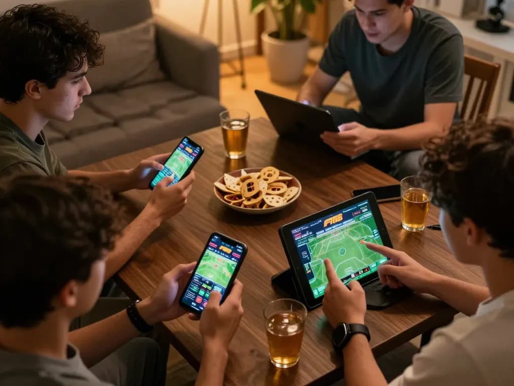Engaging online sports betting session at home with F168 app on devices.