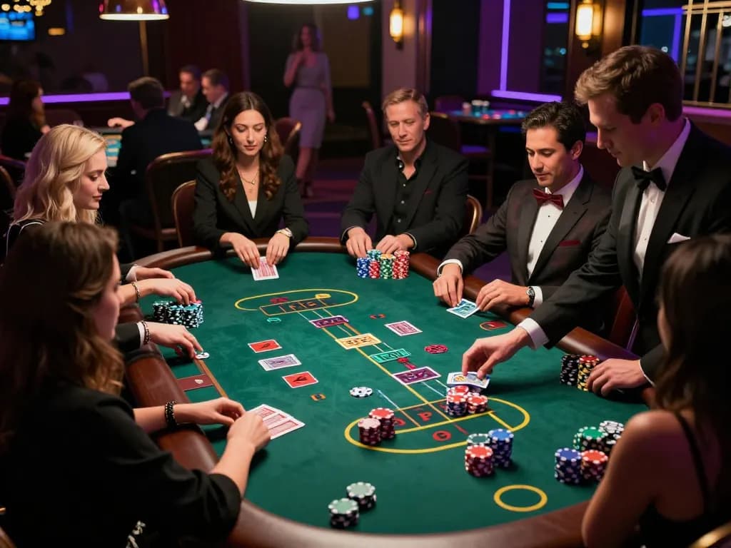 Pemain Kenzototo merencanakan strategi di meja blackjack mewah dengan chip dan kartu yang berwarna-warni.