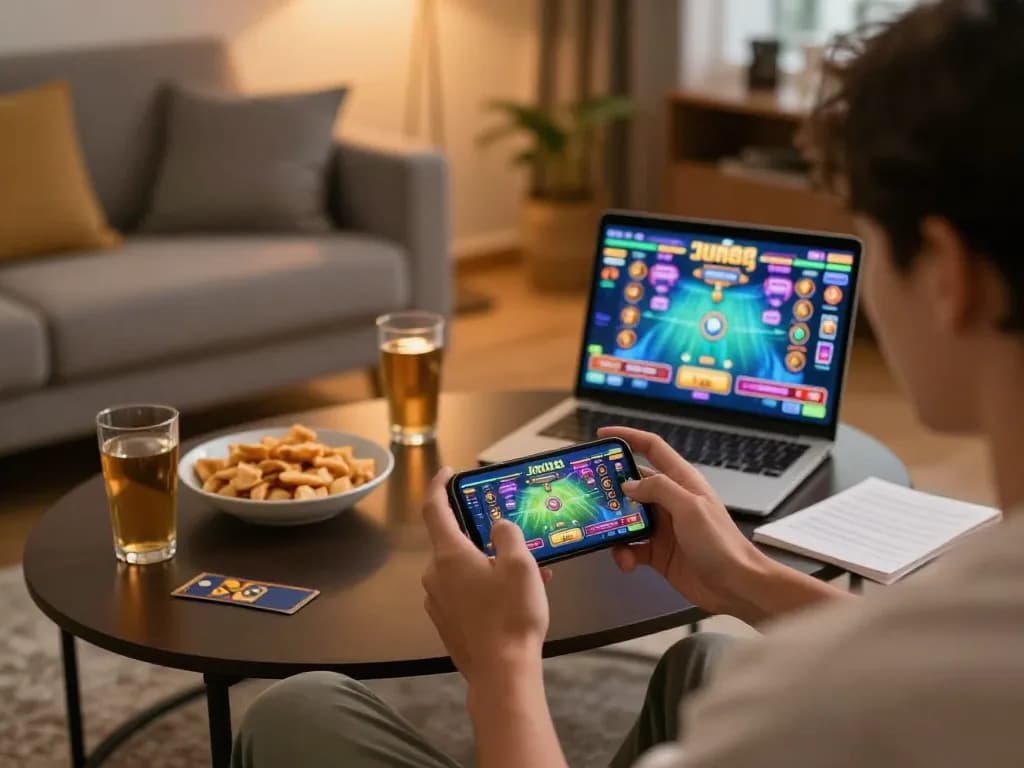 Player enjoying a mobile casino game at Jun88, showcasing vibrant screen graphics and a cozy home environment