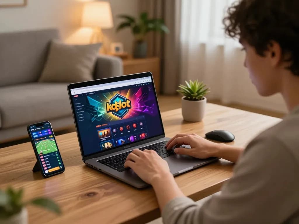 Engaging gameplay on kdslots casino interface displayed on a laptop in a cozy living room setting.