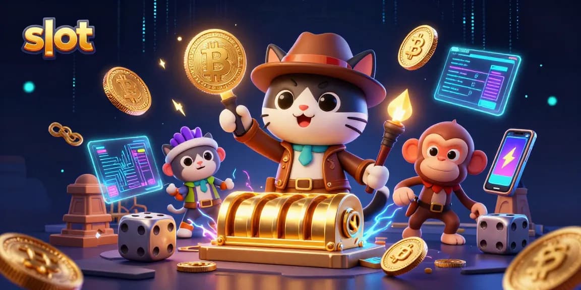 Bermain slot online dengan simbol jackpot mengitari penemuan kasino emas oleh kucing arkeolog di dalam kuil.