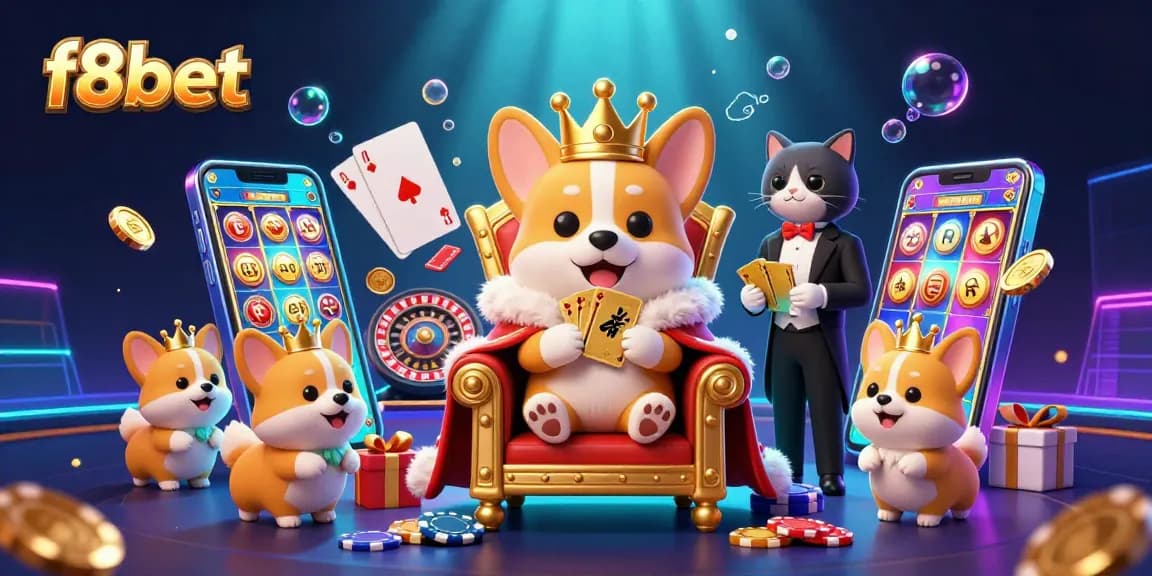 Experience the thrilling world of f8bet with a royal corgi throne surrounded by games and excitement