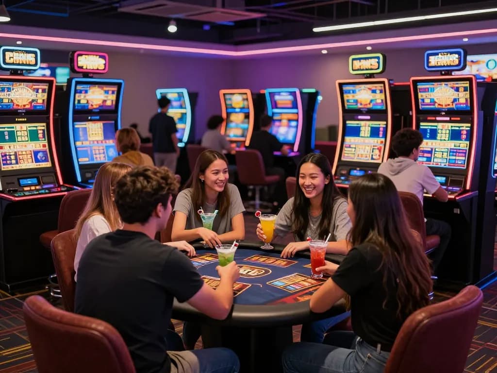 Exciting online casino atmosphere at winstrike69 with friends enjoying gaming and vibrant lights.