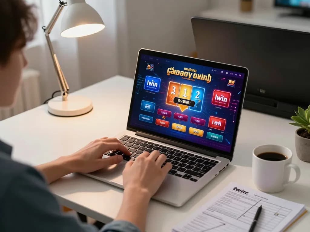 Iwin online gaming setup with player enjoying casino games in a cozy home office.