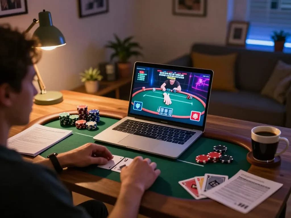 Engaging online poker gameplay with fc88on on laptop, strategic notes nearby, cozy home setting