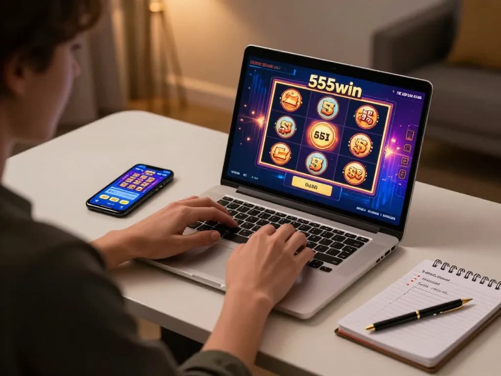 Experience 555win gaming with a person engaged in an online casino session, laptop glowing.