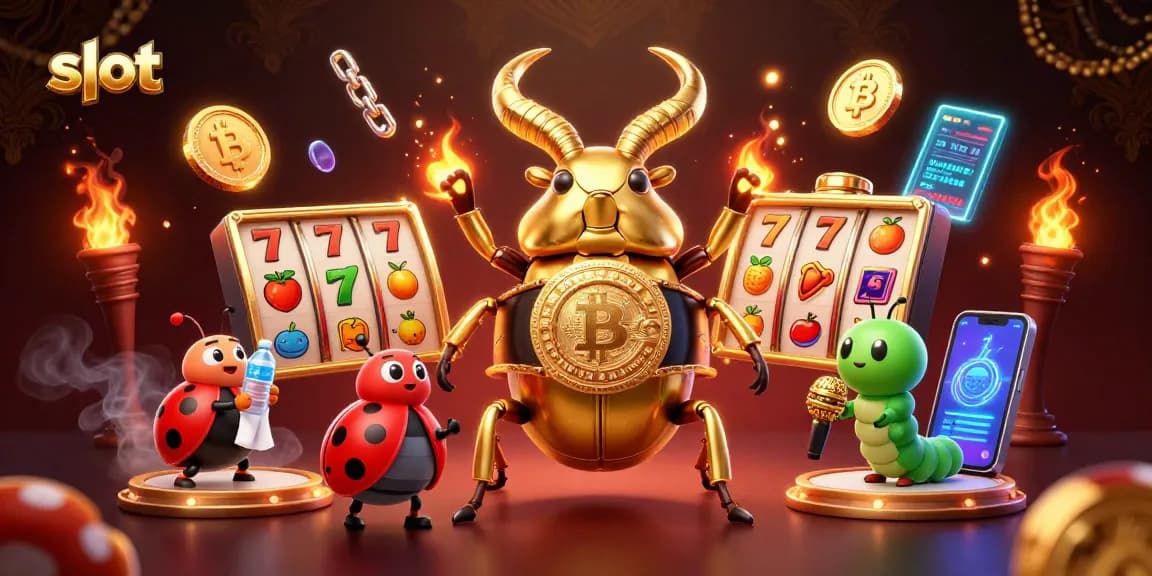 Slot menarik dengan simbol jackpot dan karakter unik melawan latar belakang yang menarik.
