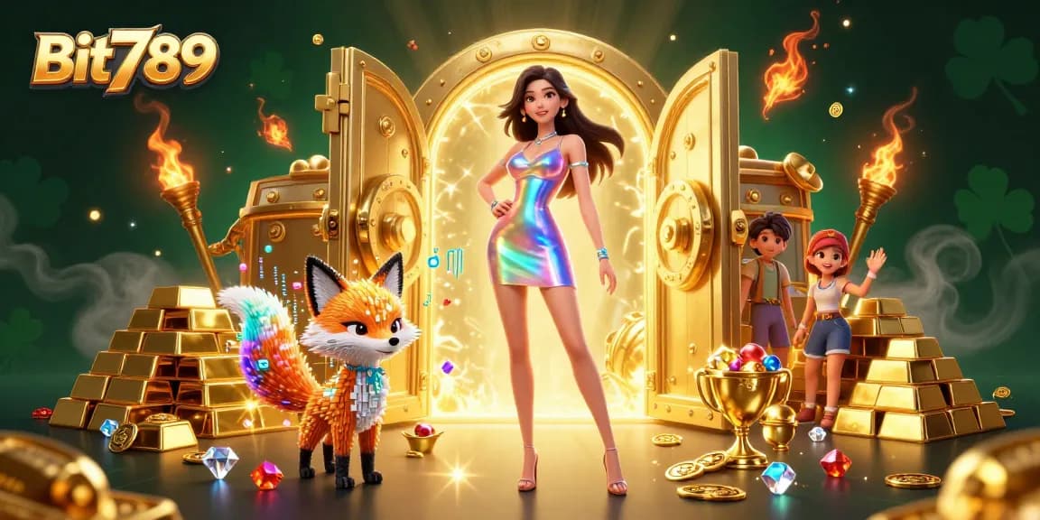 Experience thrilling games at Bit789 with vibrant colors and treasure elements illuminating the scene.