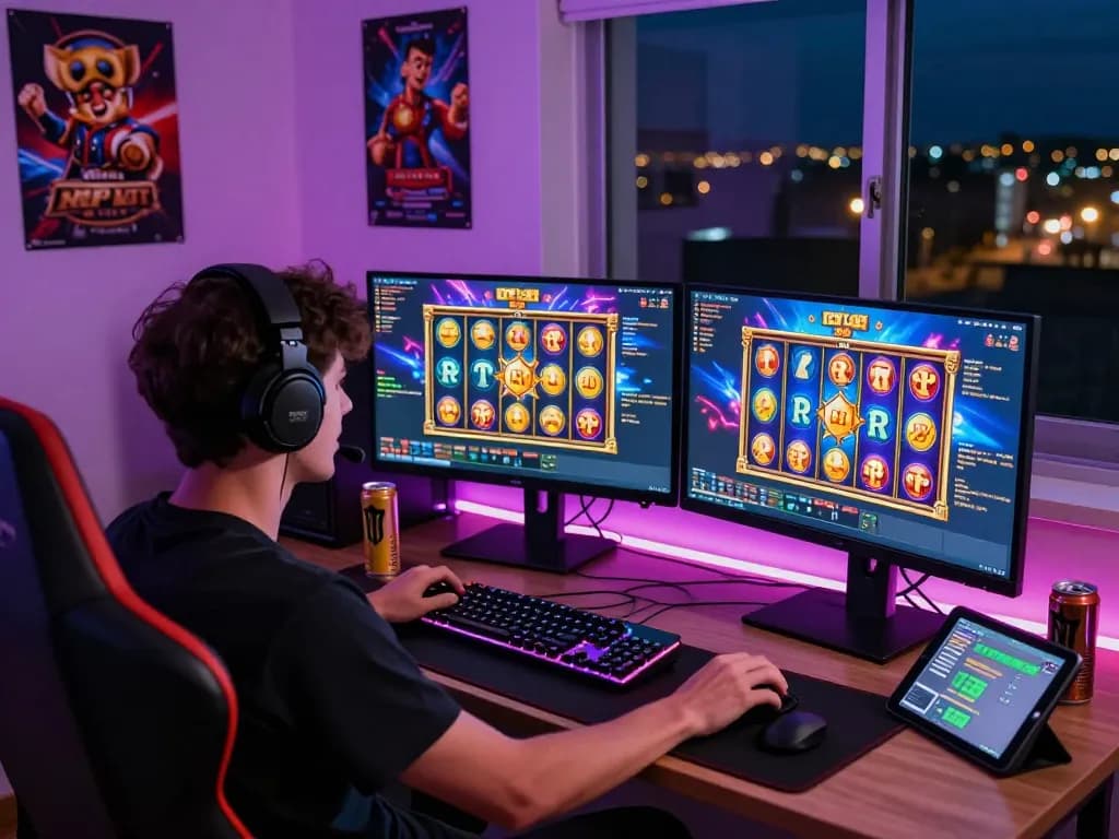 Dash88 online gaming setup showing excited player interacting with colorful slot games and vibrant workspace elements.