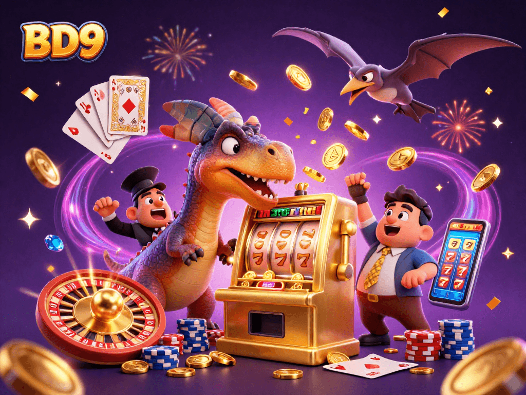Experience excitement at BD9 with a pachycephalosaurus winning jackpots in a vibrant casino atmosphere.