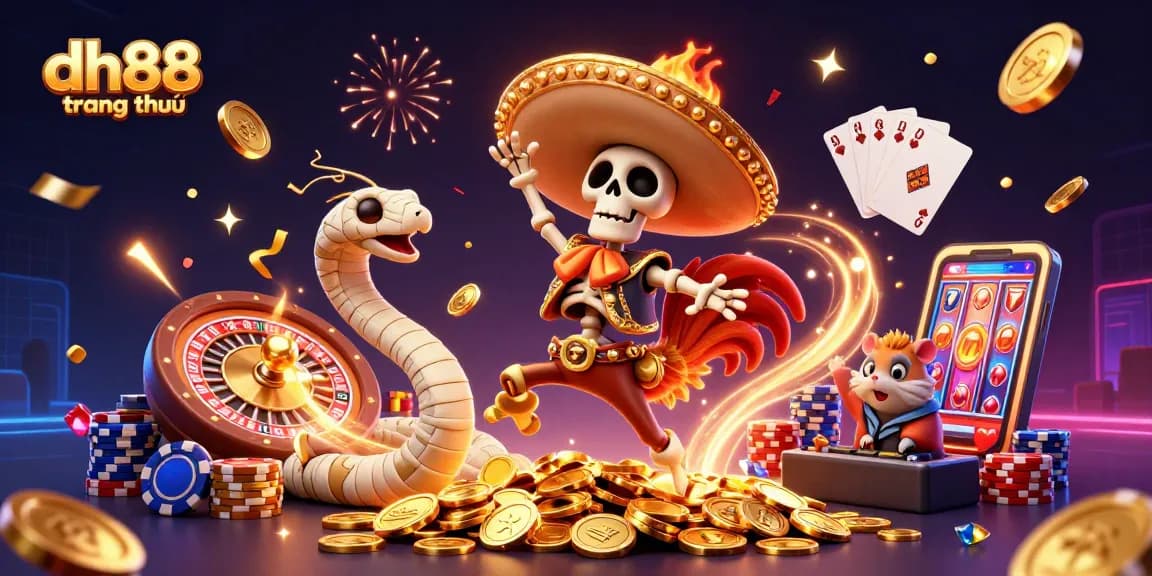 Celebrate exciting wins at dh88 trang chủ with a lively casino scene featuring a mariachi rooster and vibrant game elements.