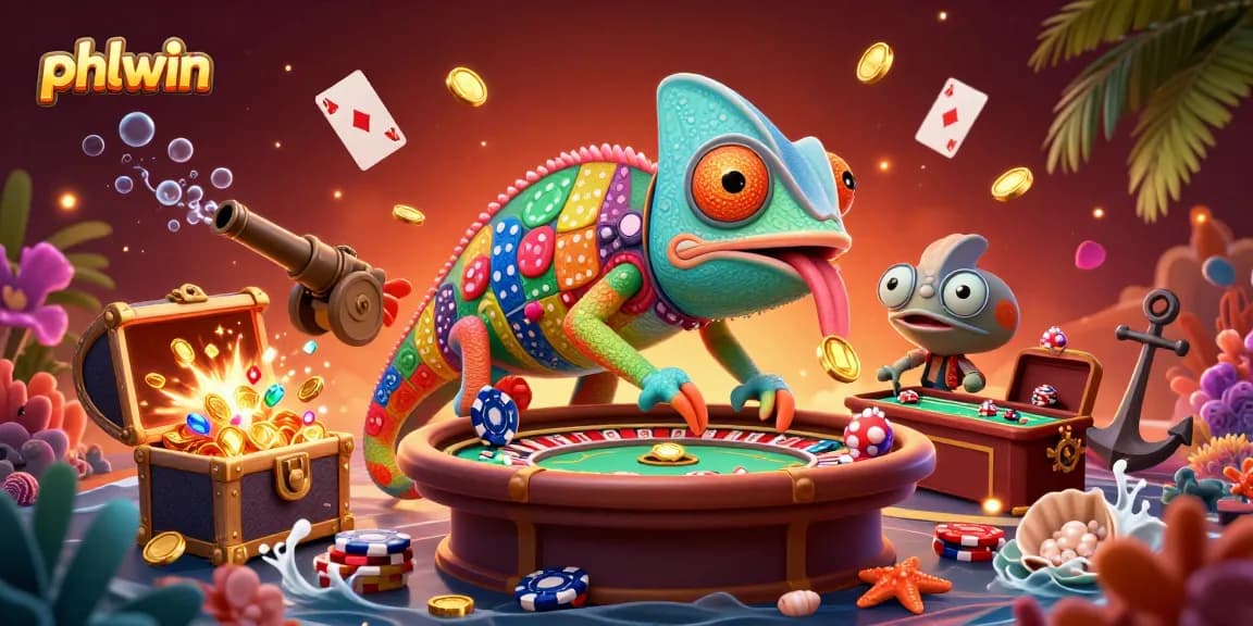 Play and win at phlwin with the chameleon casino owner amidst a vibrant sea of gems and treasures.